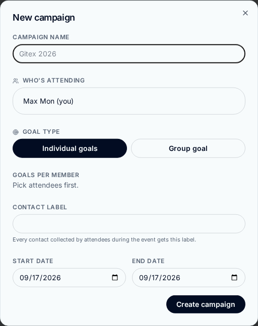 New campaign dialog with name, attendees, goal type, label and dates