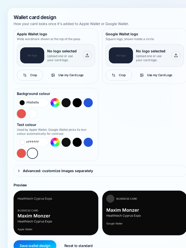 Wallet card design settings with Apple and Google logo cards, colours and preview